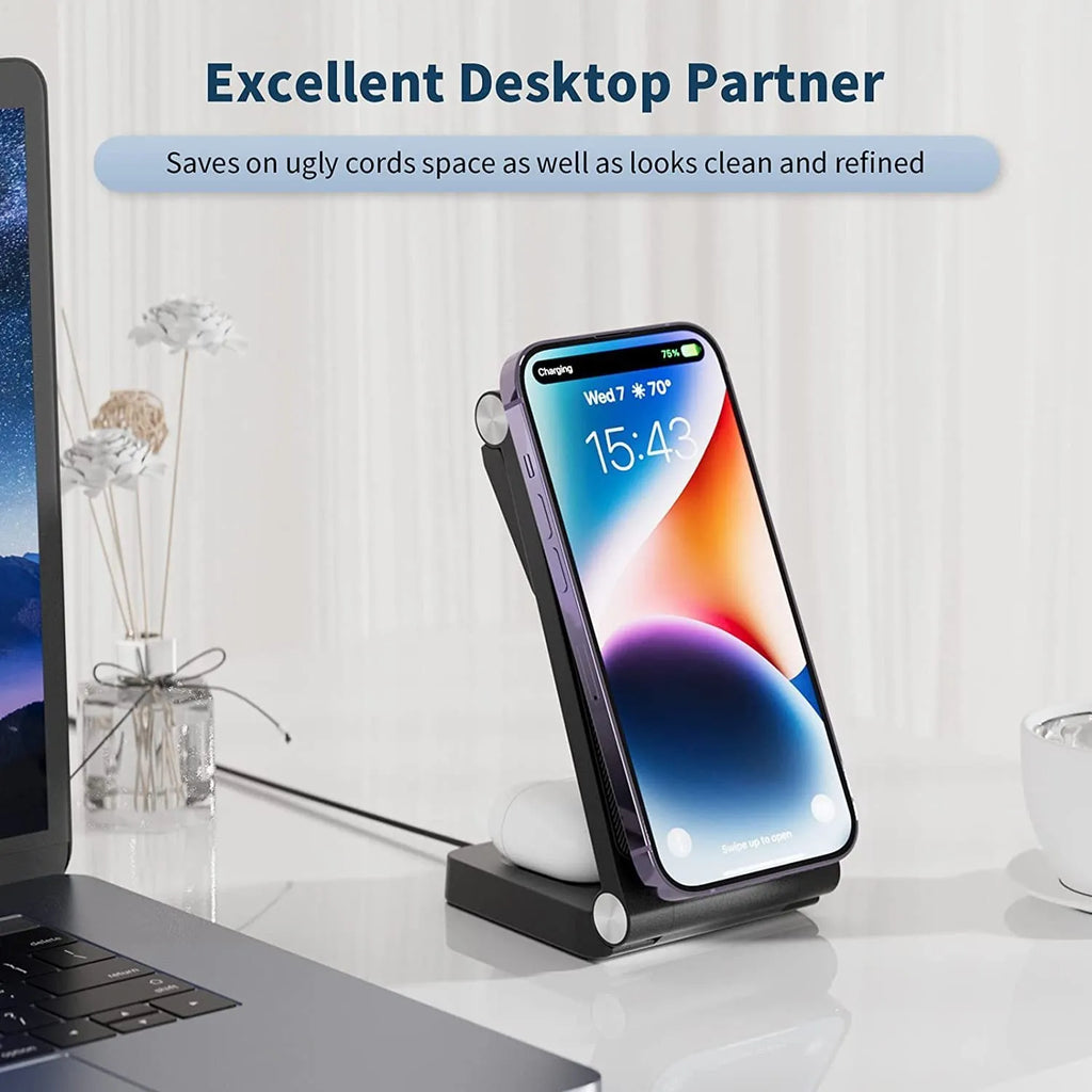 Vertical folding magnetic three-in-one wireless charger in black or white with US charging head and cable