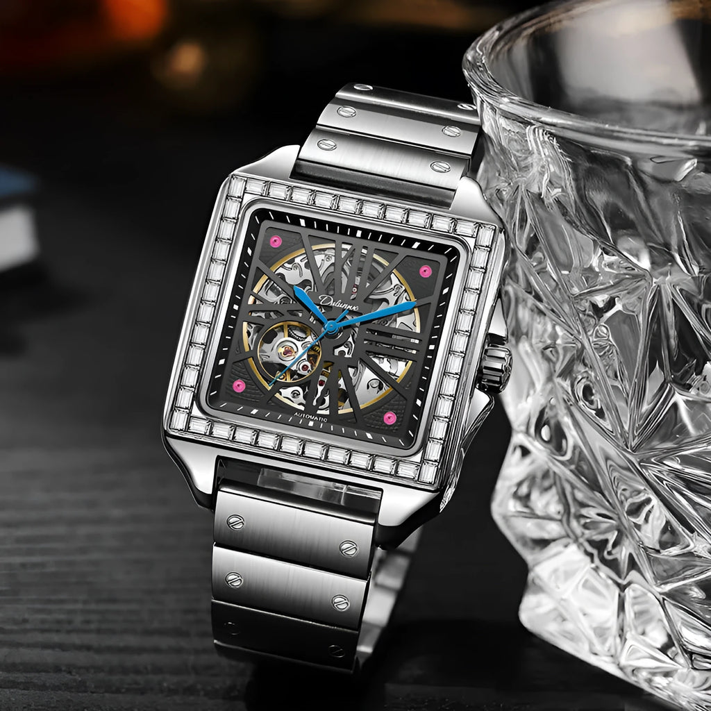 Men's square automatic watch with diamond-studded design on stainless steel case