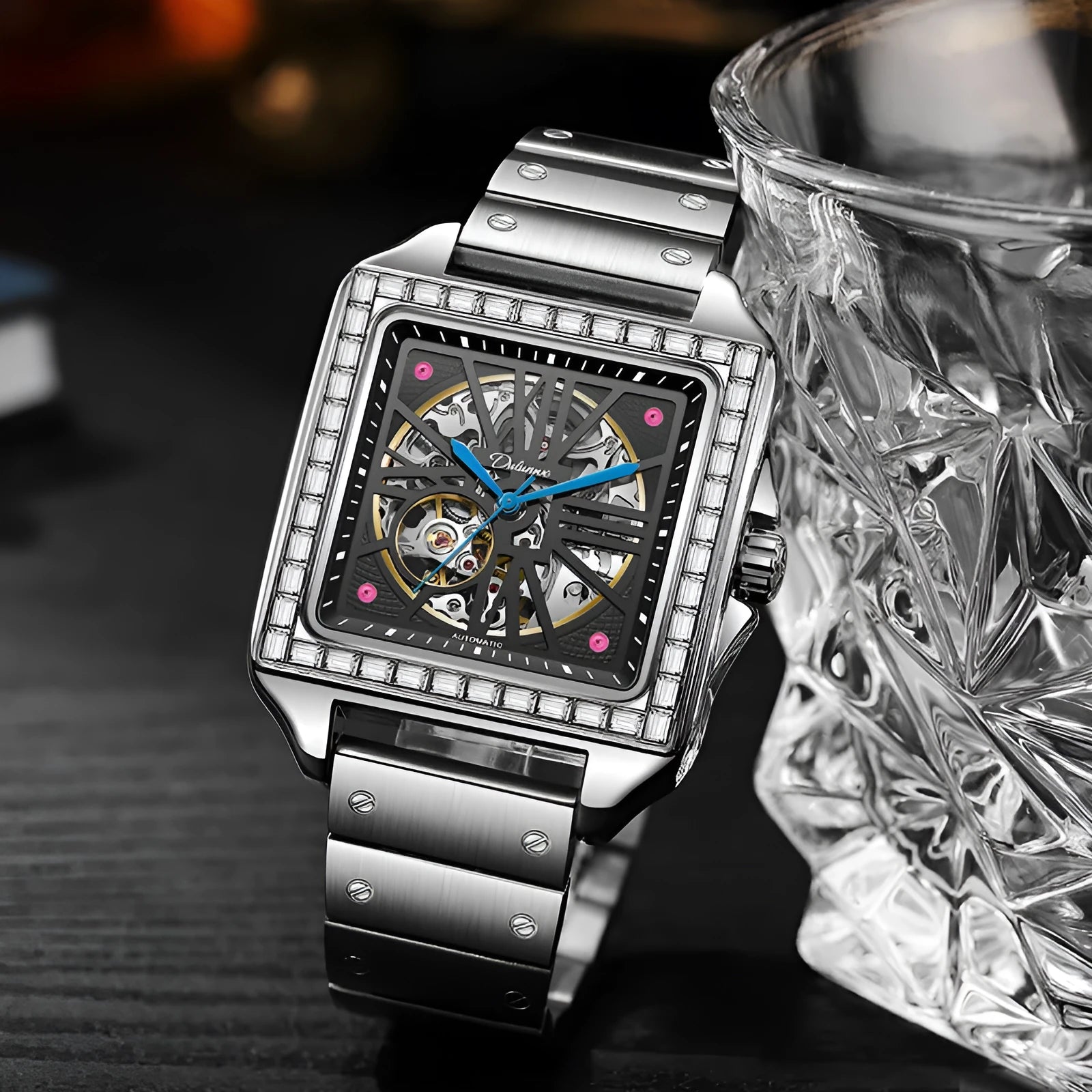 Men's square automatic watch with diamond-studded design on stainless steel case