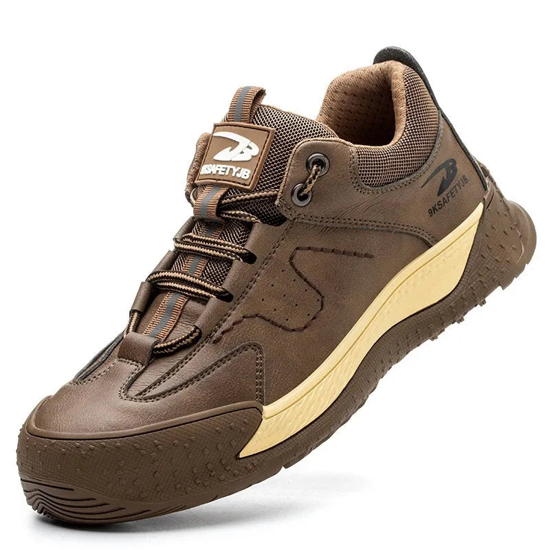 Flyknit safety work shoes with leather upper and rubber sole available in black, brown, and grey