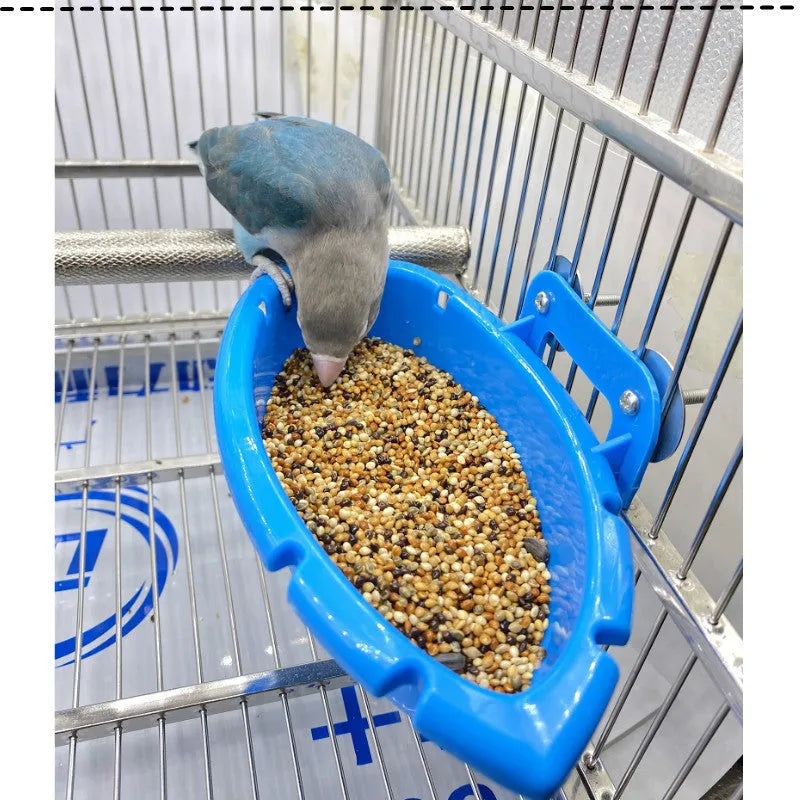 Multifunctional plastic bird bath and feeder box for birds, shown with optional rattan balls or plastic balls.