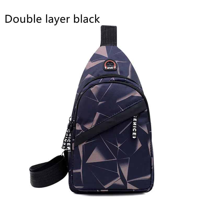 Men's medium blue Oxford cloth crossbody bag showing earphone hole and zipper opening.