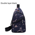 Men's medium blue Oxford cloth crossbody bag showing earphone hole and zipper opening.
