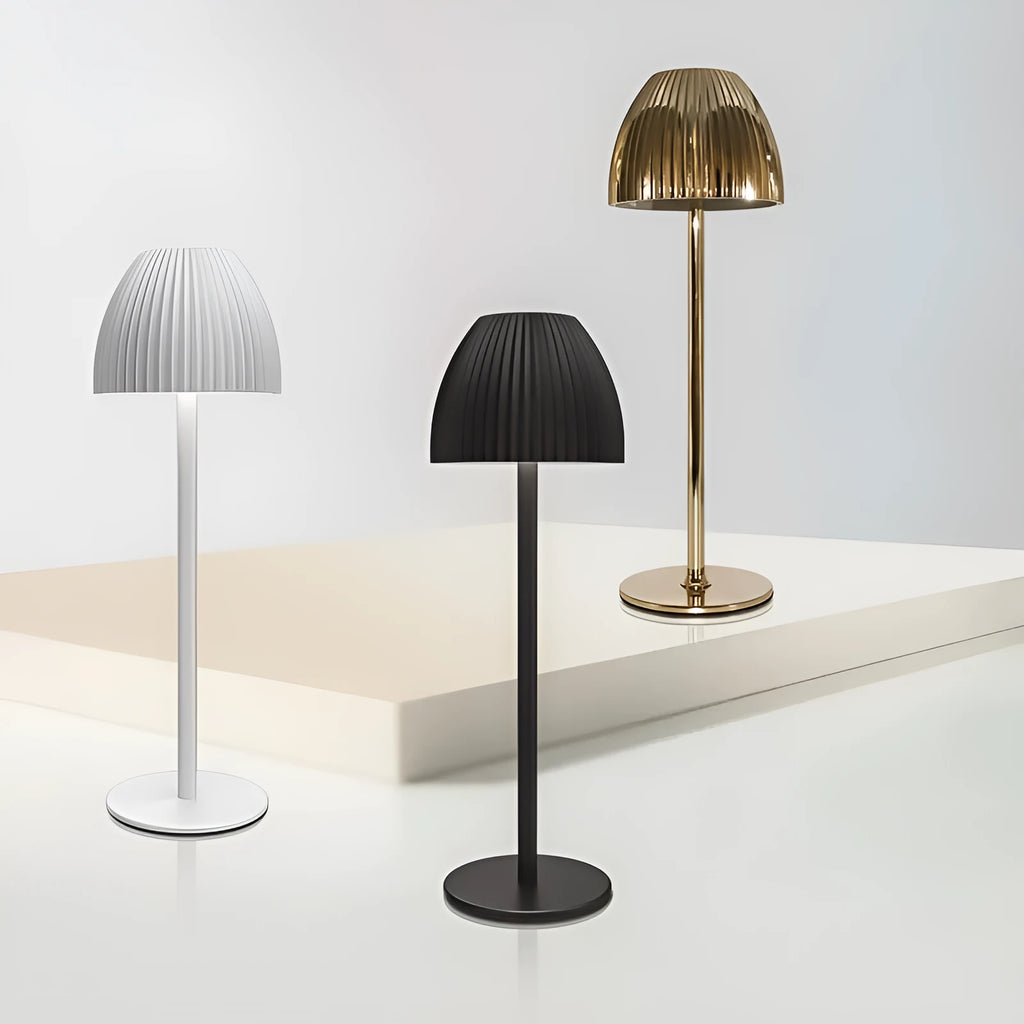 Modern dimming desk lamp in black or white with a thin round base and USB cable.