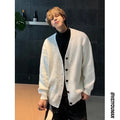 Retro loose fit men's V-neck knit cardigan in army green colour showing casual long sleeve design