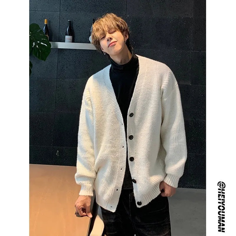 Retro loose fit men's V-neck knit cardigan in army green colour showing casual long sleeve design