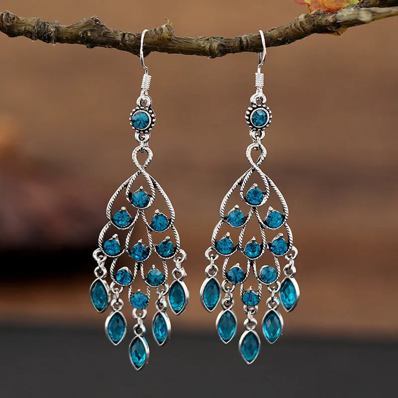 Retro purple alloy drop earrings with crystal elements and long fringe detailing