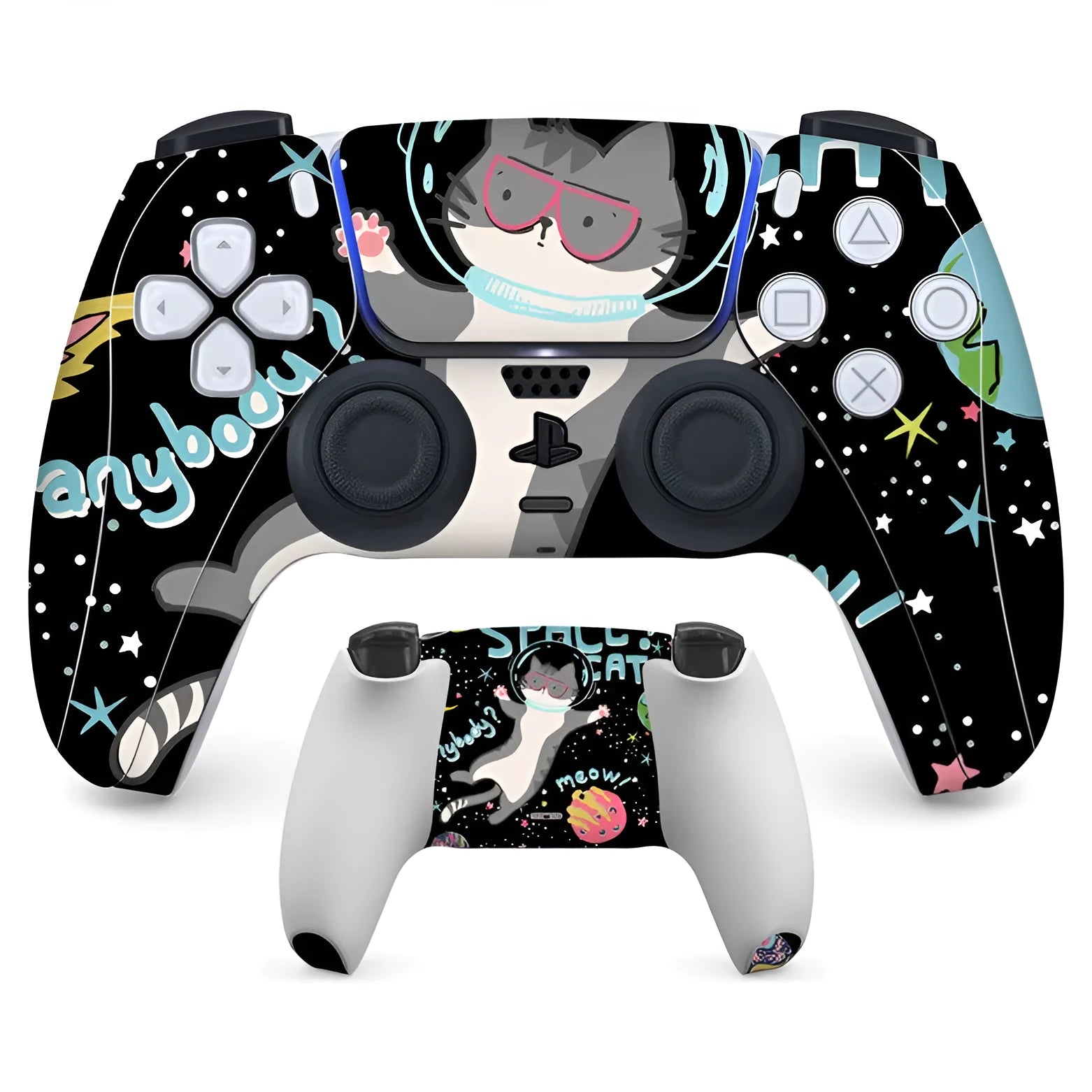 Set of PS5 controller protection stickers in various graphic designs, showing front and back pieces