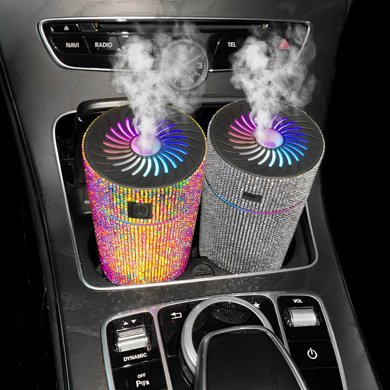 Compact car-mounted air purification humidifier unit on vehicle dashboard with USB power cord