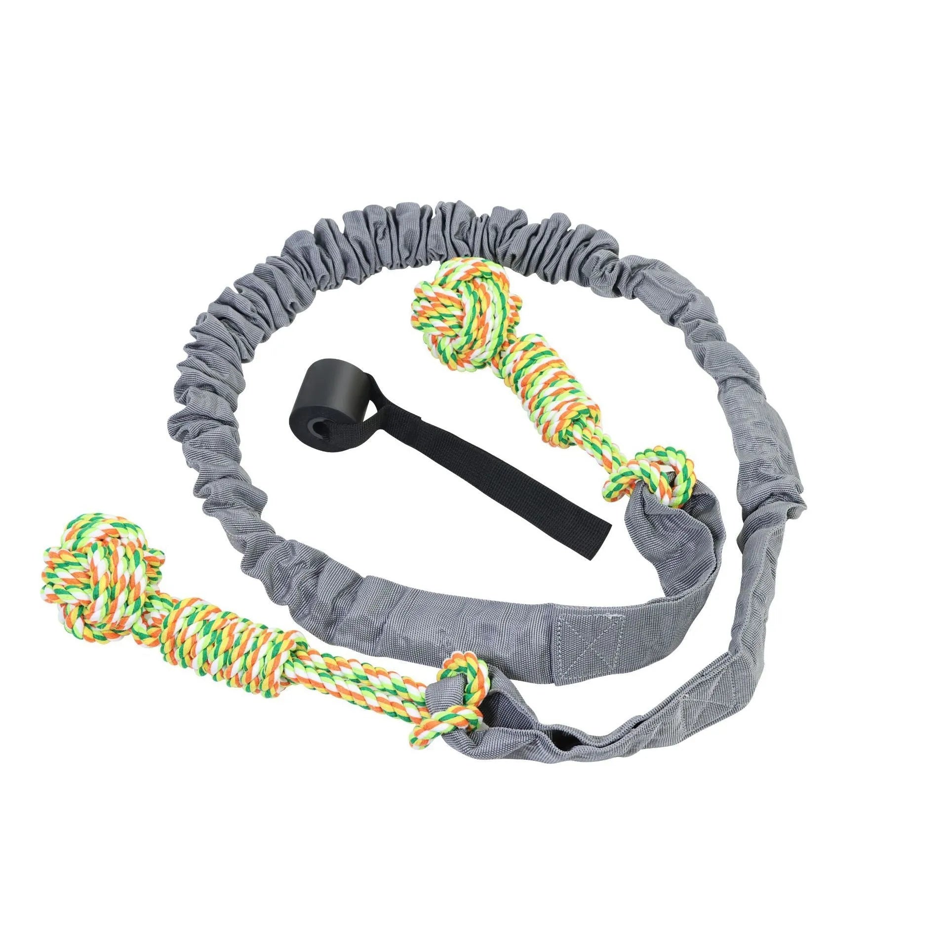 Dog tug of war rope toy made from twisted cotton thread in black, grey, and red colour options
