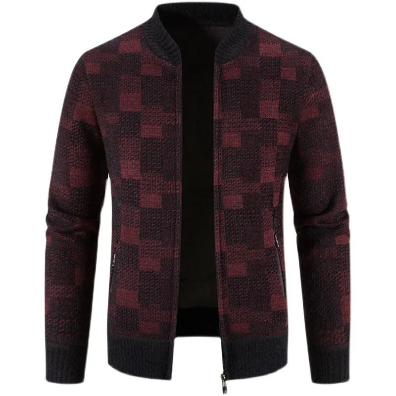 Men's fleece-lined thickened baseball collar plaid knitted cardigan in brown, side view, slim fit