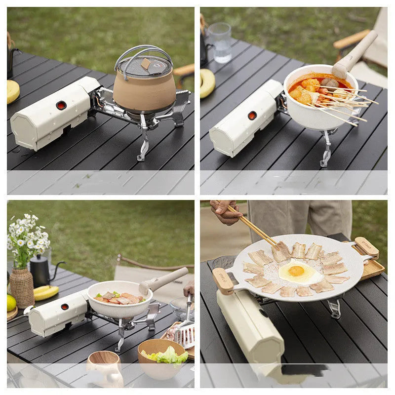 Green folding camping gas stove with storage bag showing compact 25cm size