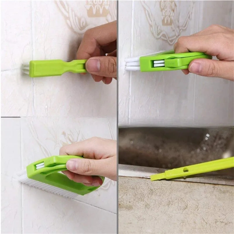 Green plastic floor seam cleaning brush set three pieces on a tiled floor