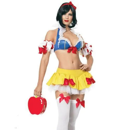 Snow White anime costume dress set with headdress, top, short skirt, and sleeves for cosplay