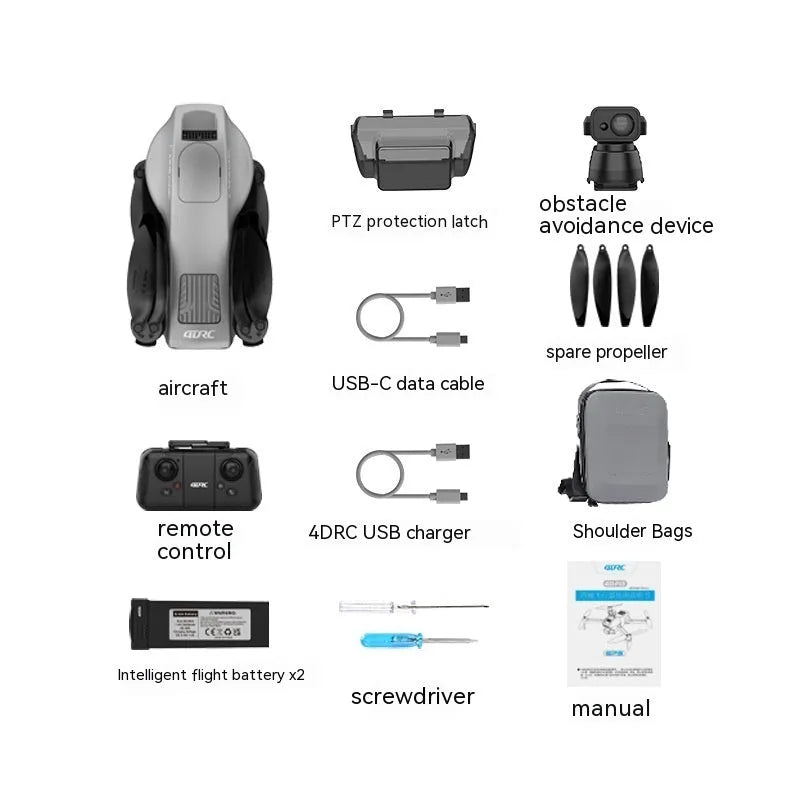 White F13 folding quadcopter drone with camera gimbal, obstacle sensors, and remote controller on a table.