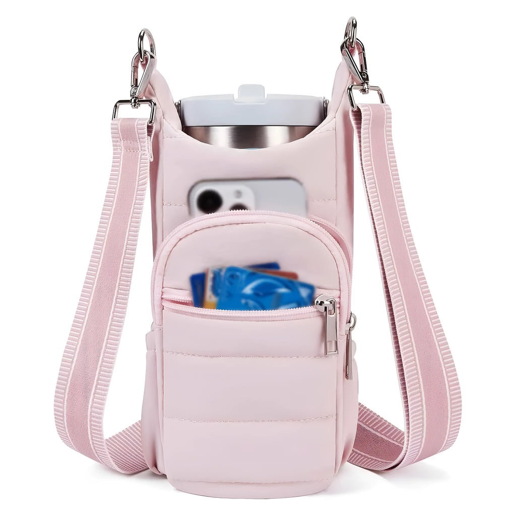 Cloth water bottle bag for bicycles in beige, black, or pink colour.