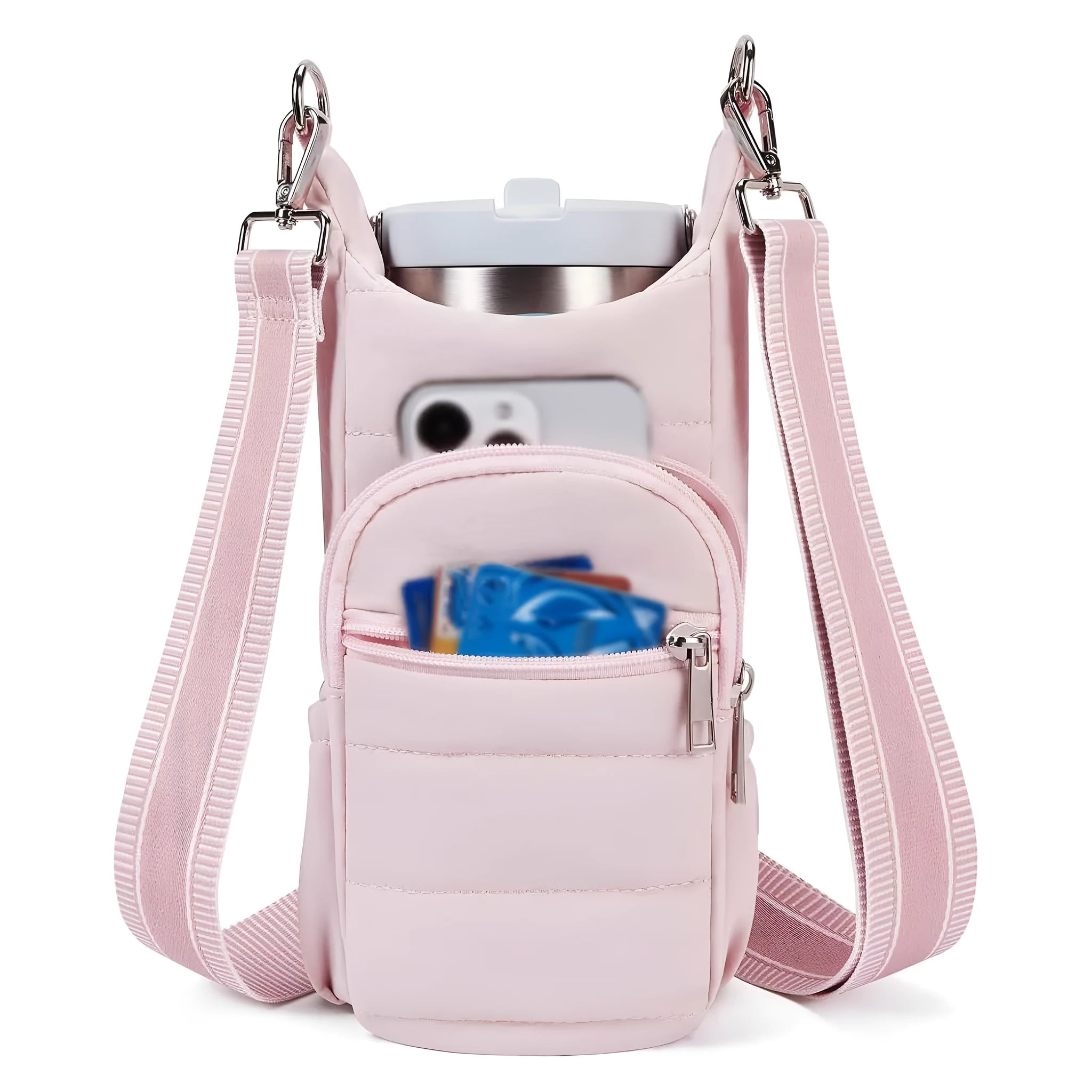 Cloth water bottle bag for bicycles in beige, black, or pink colour.