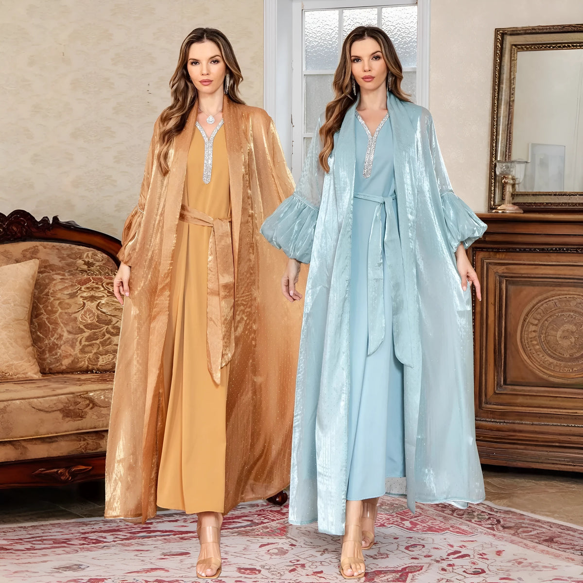 Blue Arabic two-piece formal dress set with rhinestone detailing and long sleeves.