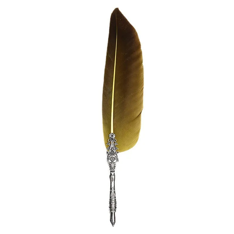 Vintage feather dip pen in multiple colours with zinc alloy construction measuring 30 cm length