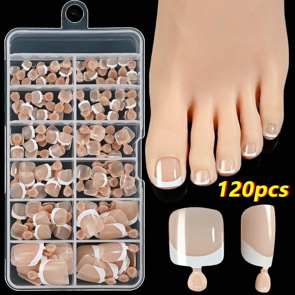 120-piece false toenail set with French white edge and nude base in full square short shape