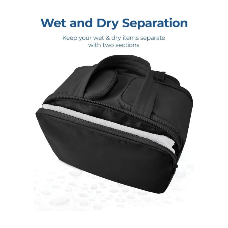 Large lightweight polyester travel toiletry bag in black, open to show spacious interior.