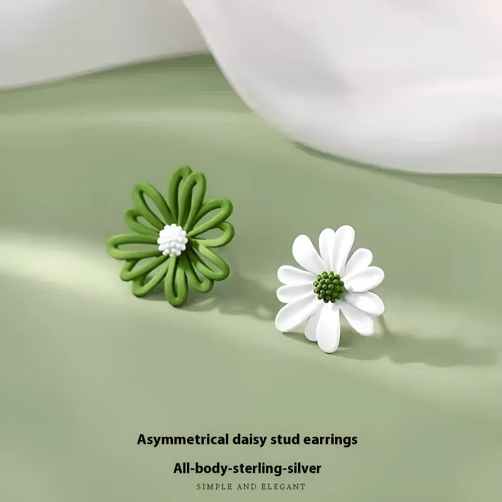 Flower-shaped alloy stud earrings in three colour combinations: blue-orange, white-green, and yellow-white