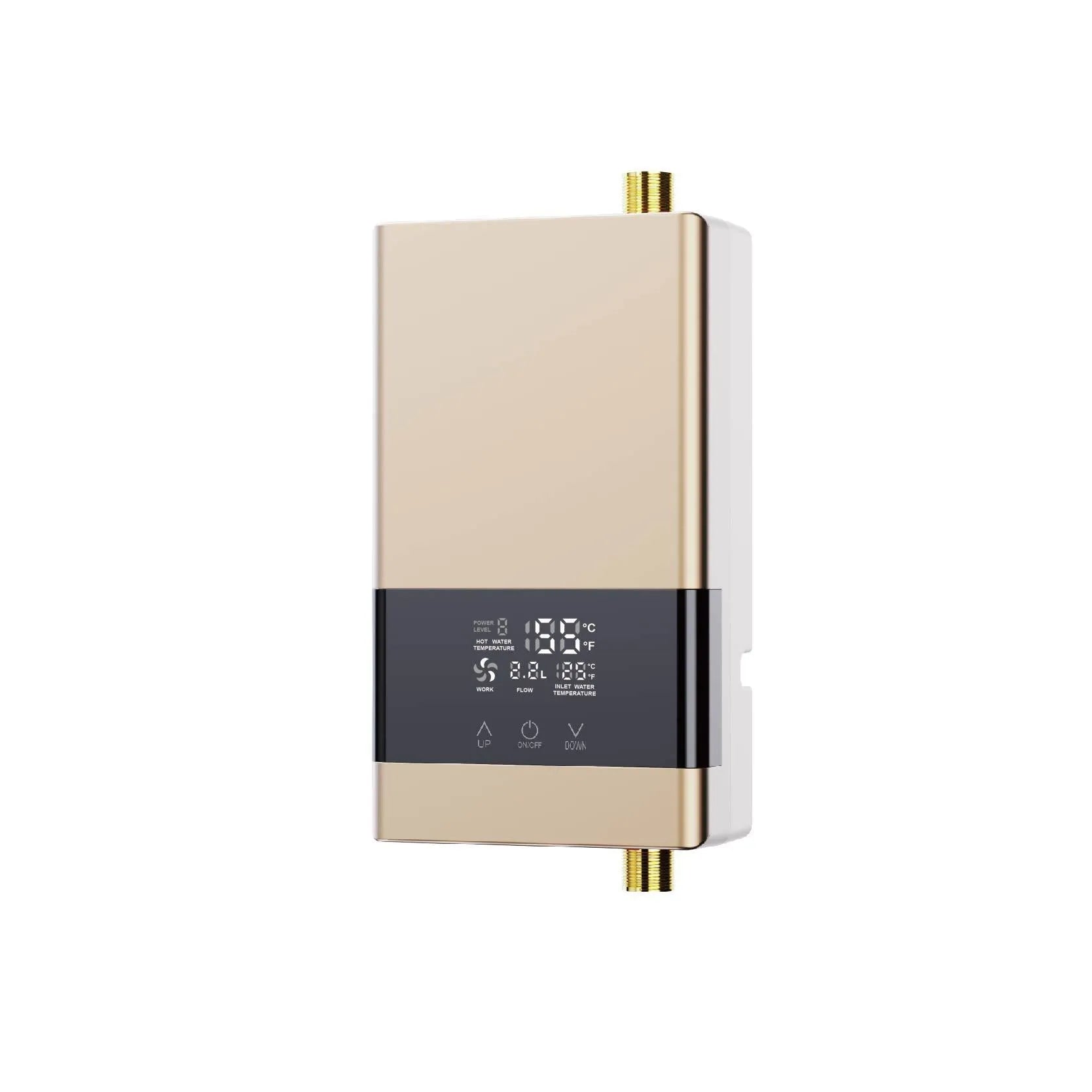 Quick-heating household water heater with LED touch screen display in silver finish