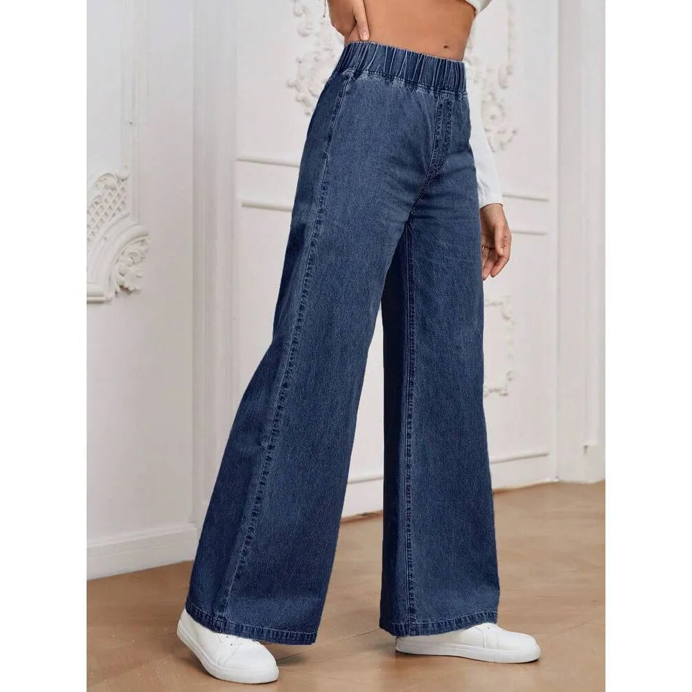 Women's light blue washed wide-leg denim jeans with straight fit and mid waist