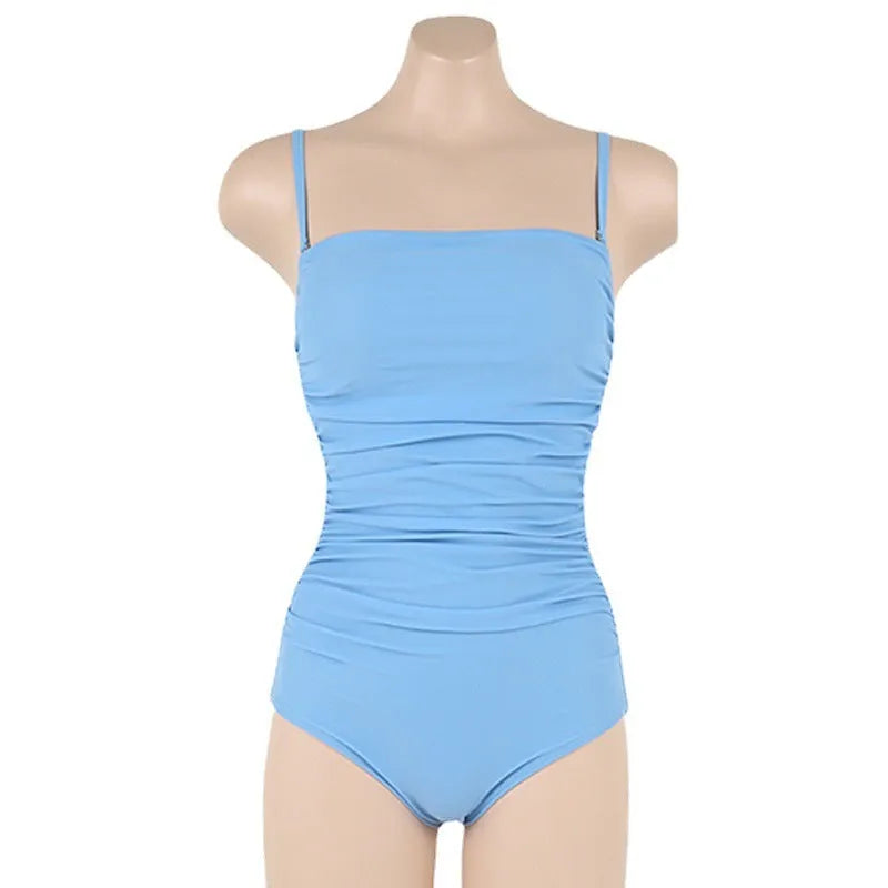 Sling style one-piece swimsuit with belly pleats in slim fit, available in black, blue, white, and yellow.