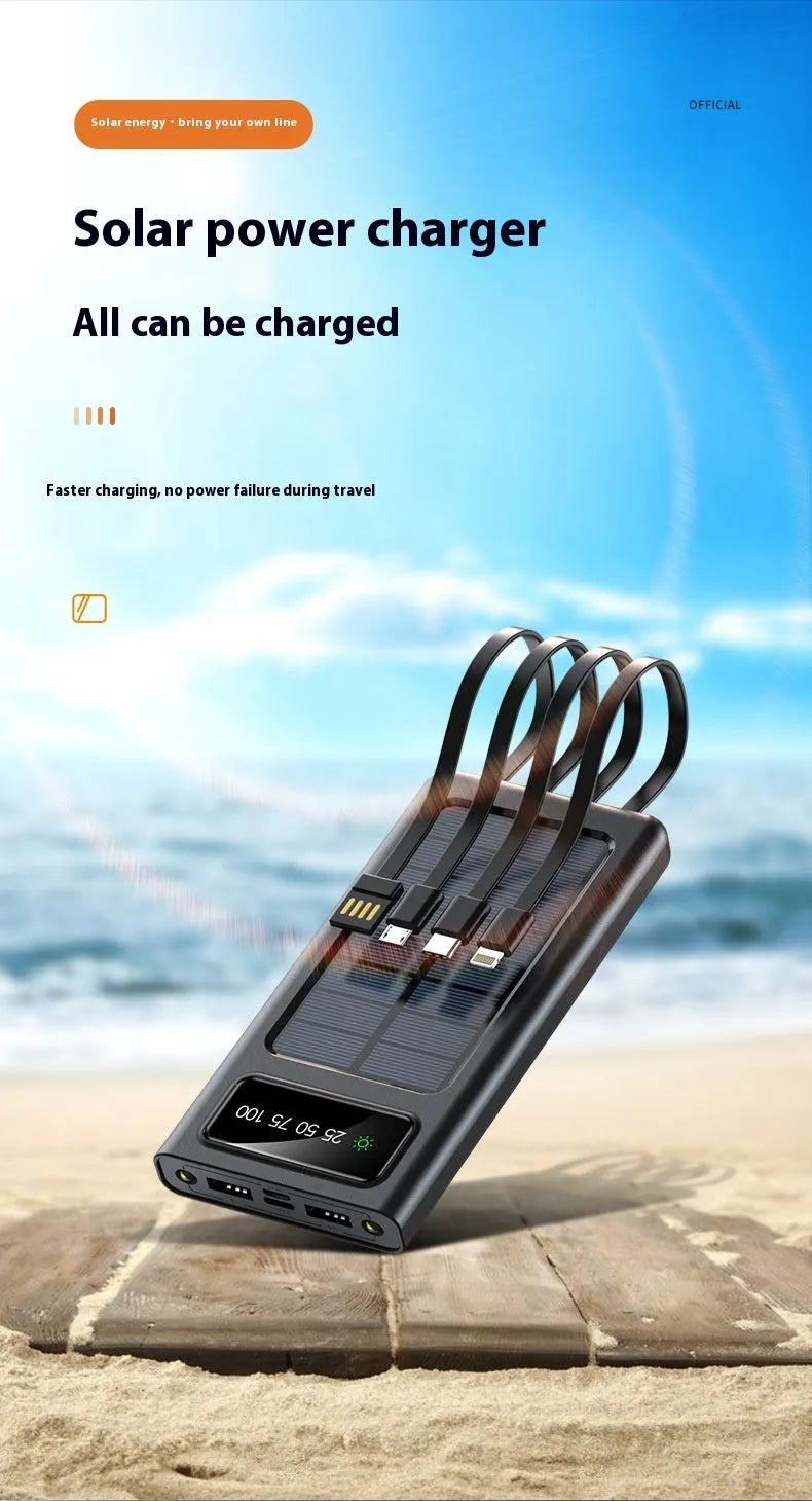 Solar power bank with cable showing 20000mAh capacity and compact plastic design