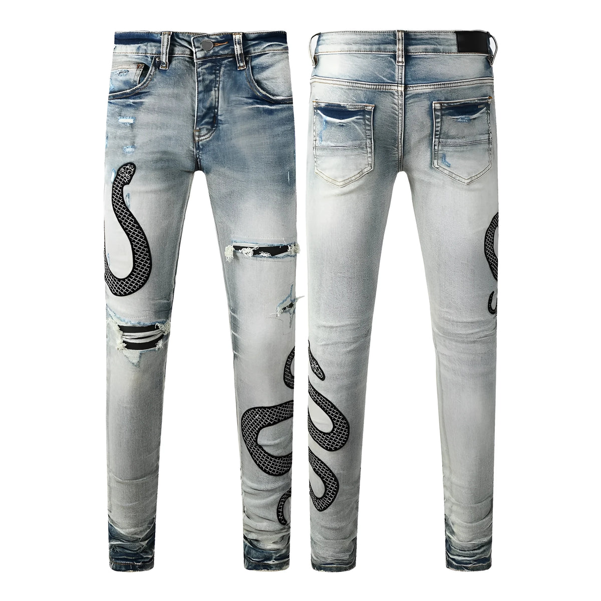 Blue distressed wash skinny jeans with mid waist and skinny leg silhouette