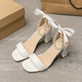 White open toe chunky heel sandals with pearl bow buckle and square toe, sizes 35-42