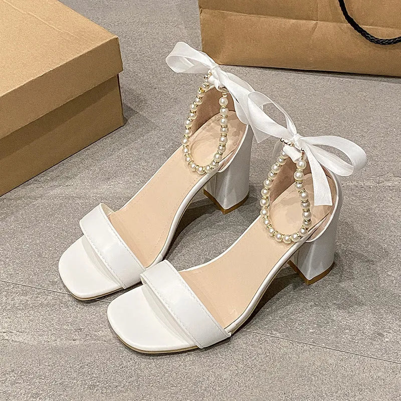 White open toe chunky heel sandals with pearl bow buckle and square toe, sizes 35-42