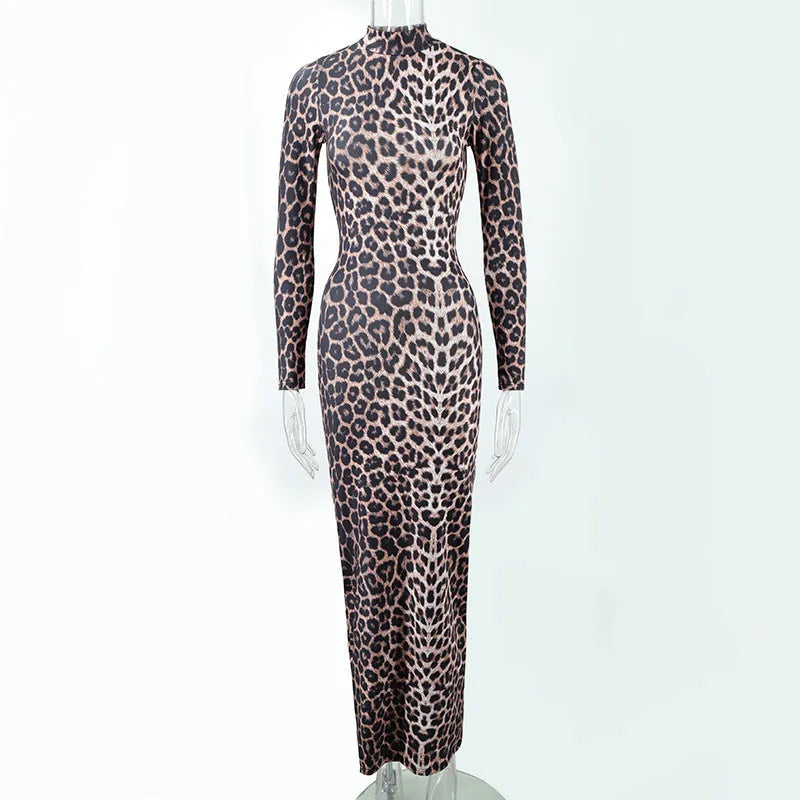 Women's leopard print long dress with stand collar, long sleeves and high waist hip skirt design