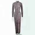 Women's leopard print long dress with stand collar, long sleeves and high waist hip skirt design