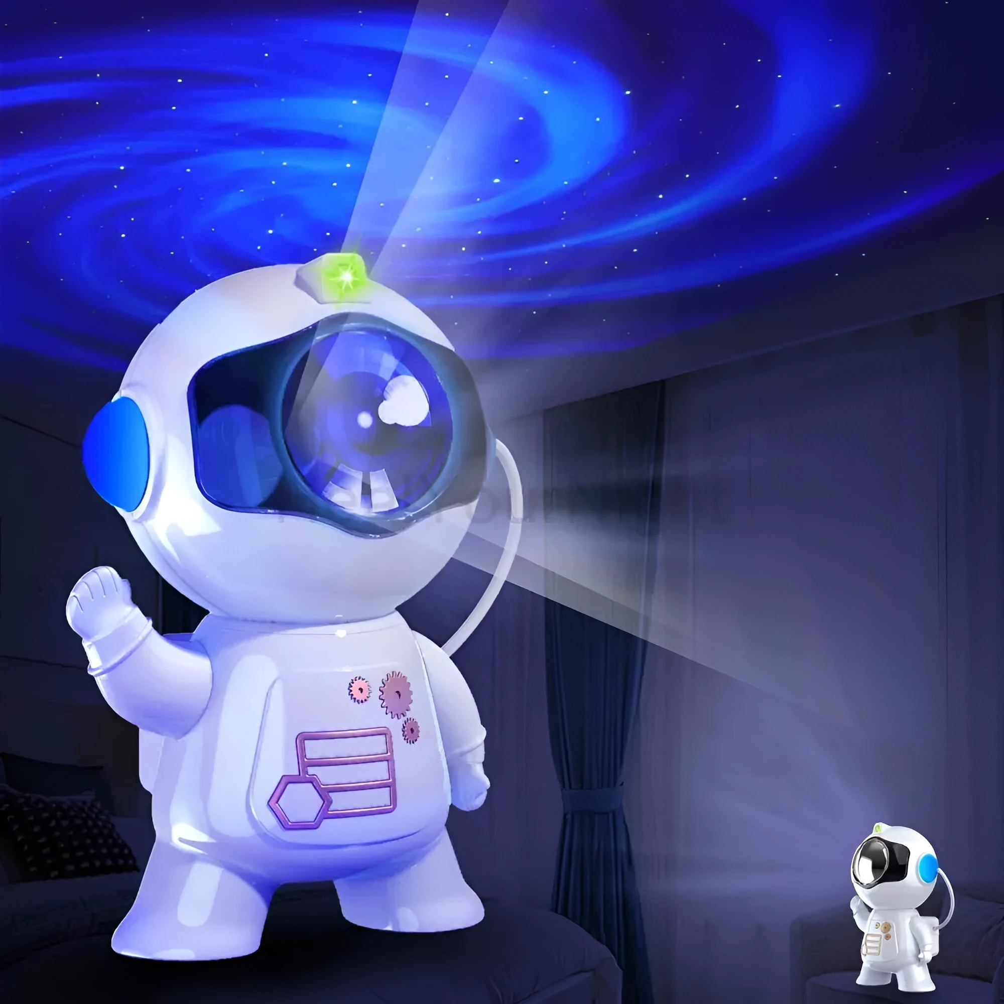 White astronaut starry sky projection lamp with 8 colour options and remote control on a shelf