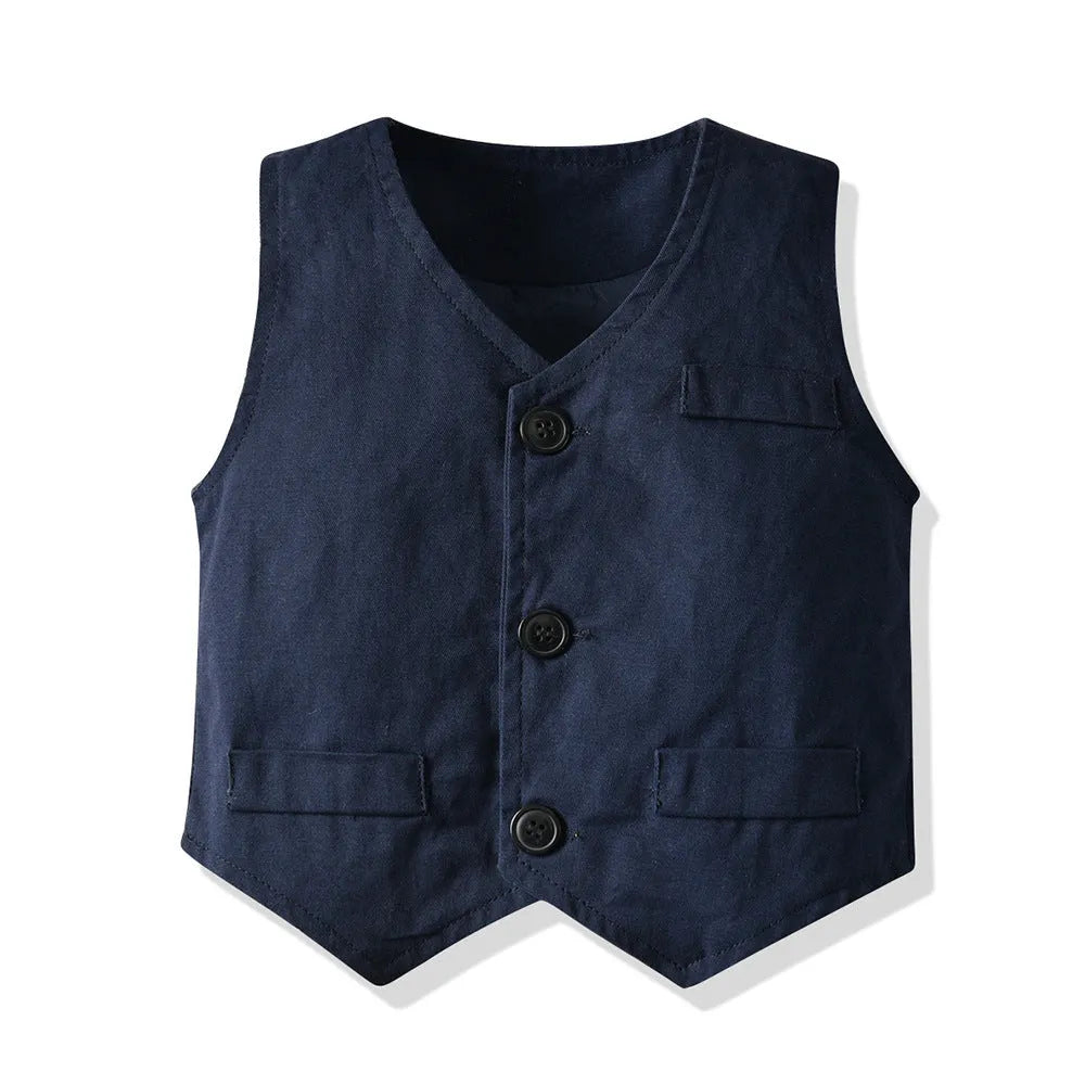 Light blue cotton three-piece children's suit with waistcoat, short sleeve shirt, and shorts for boys
