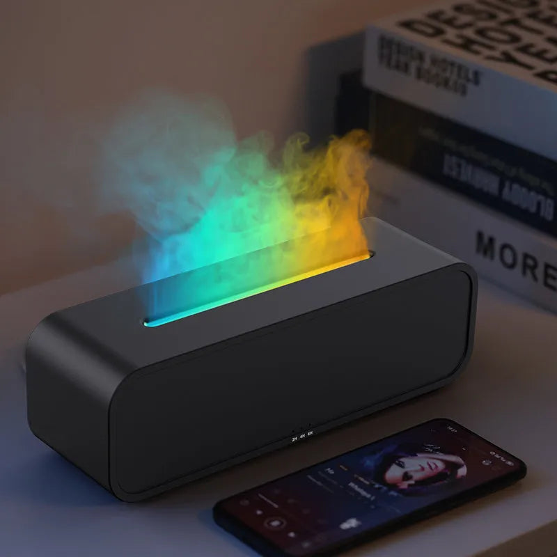 Flame Dynamic USB essential oil diffuser with remote control showing colour-changing lights