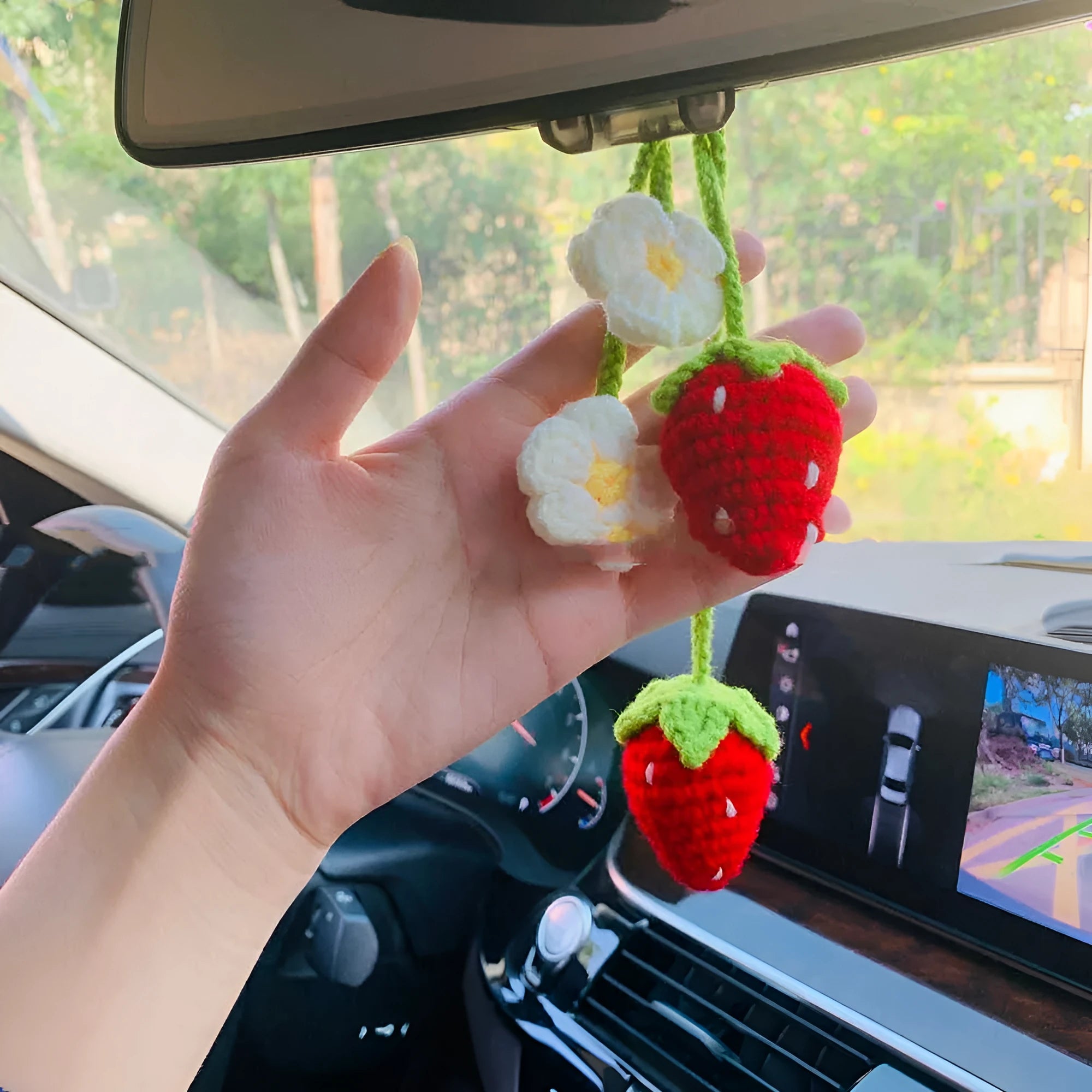 Handmade strawberry-shaped car decoration pendant woven from cotton and hemp materials using hook knitting techniques