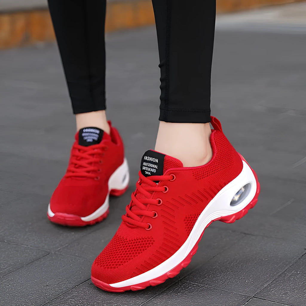 Red and black women's round toe lace-up mesh sneakers with low top and mid heel on PU sole