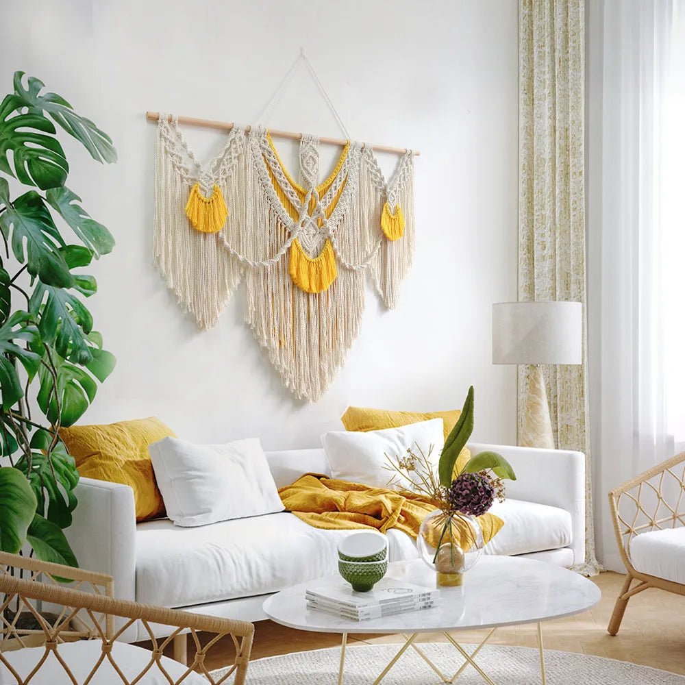 Hand-made woven cotton tapestry rectangular shape 120x95cm creamy-white colour Nordic style