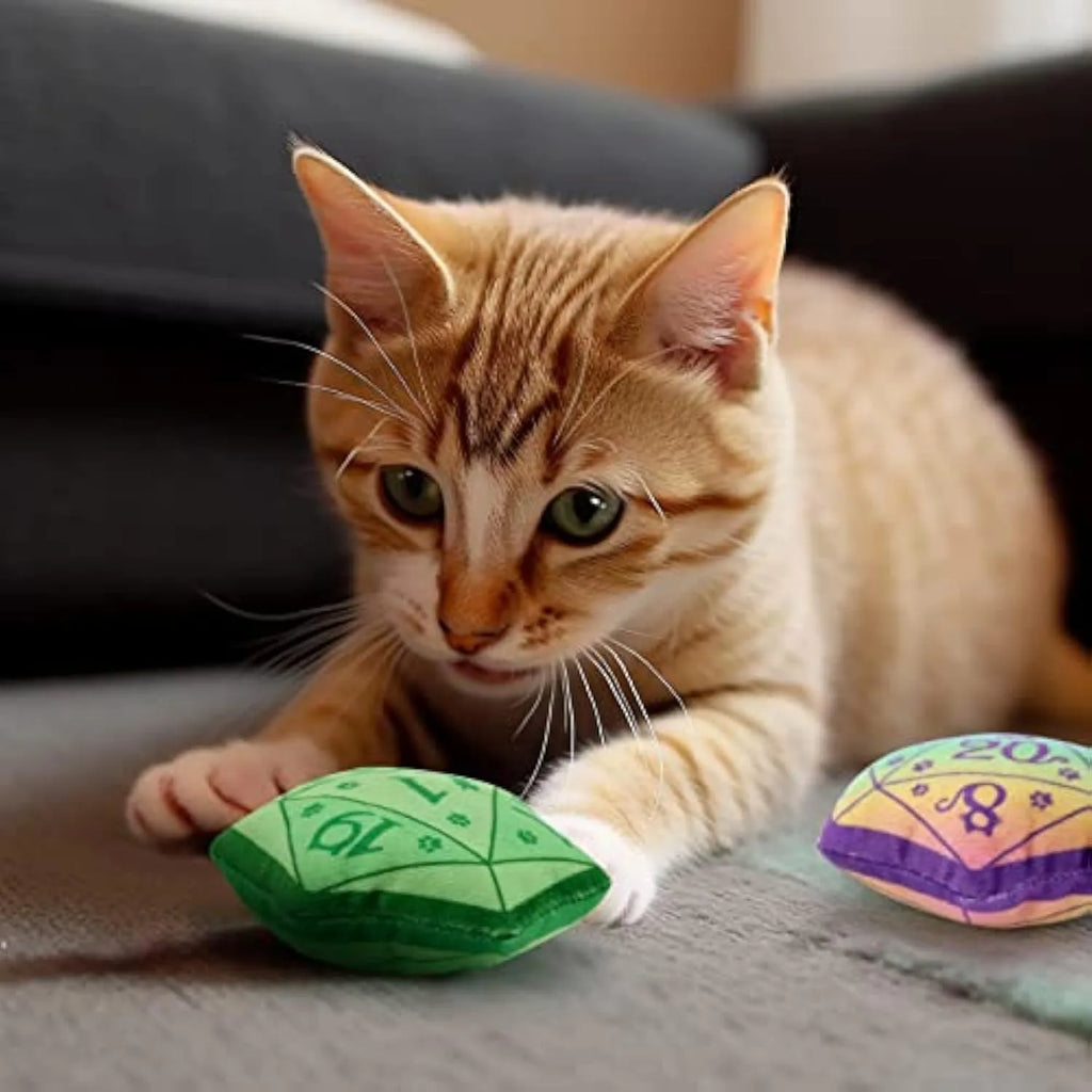 Soft plush dice cat toy filled with organic catnip in blue, purple, green, and pink colour options