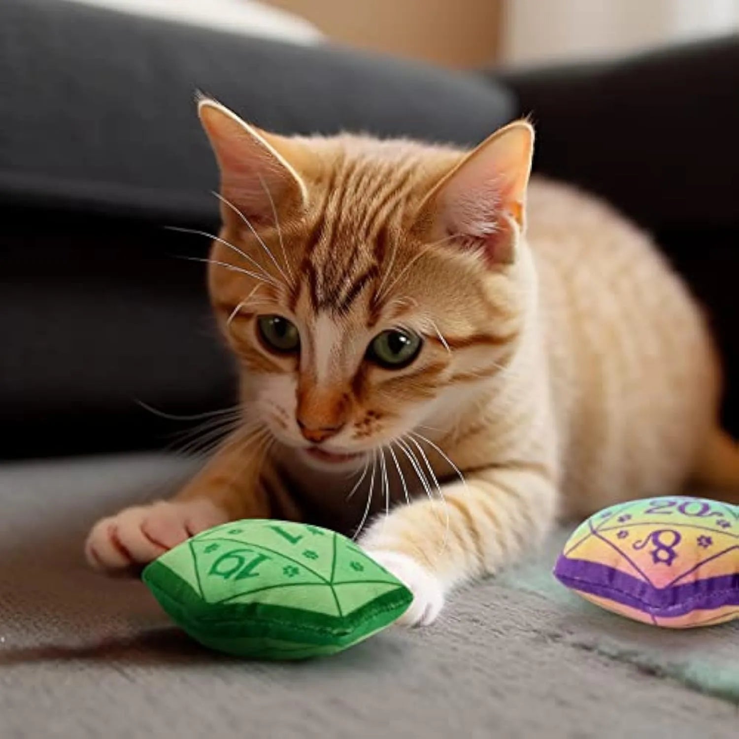 Soft plush dice cat toy filled with organic catnip in blue, purple, green, and pink colour options