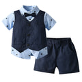 Light blue cotton three-piece children's suit with waistcoat, short sleeve shirt, and shorts for boys