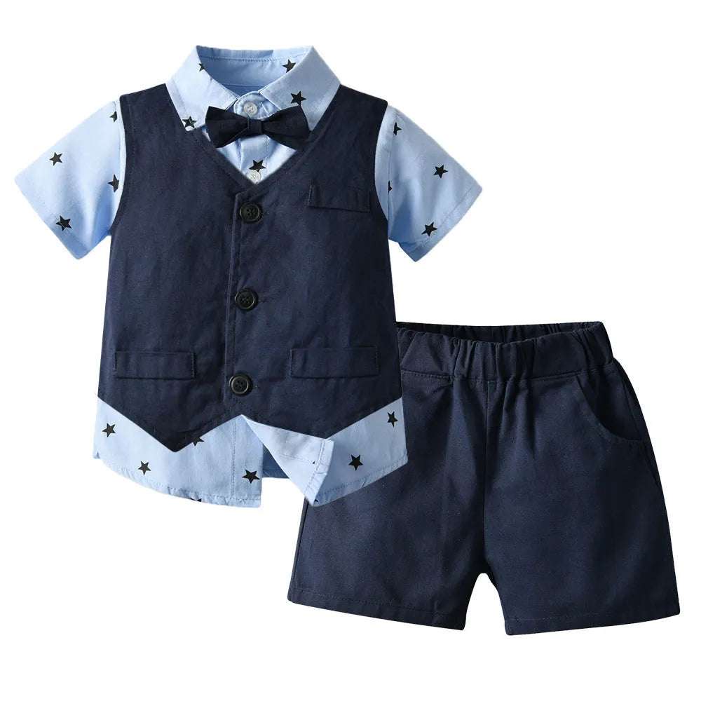 Light blue cotton three-piece children's suit with waistcoat, short sleeve shirt, and shorts for boys