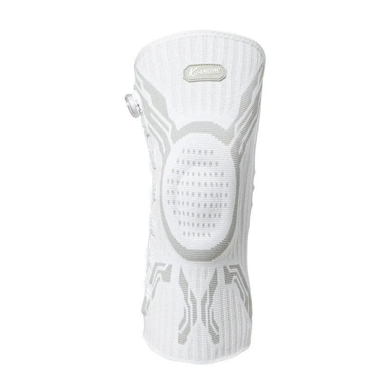 Grey and white sports kneecaps with left and right specific design for basketball, running, football, badminton