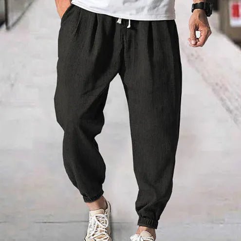 Men's casual cotton summer pants with elastic waistband and banded ankle cuffs in various colours