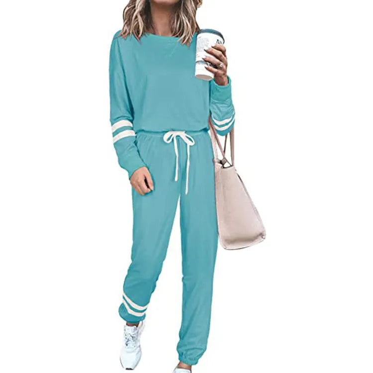 Women's plus size casual suit set with long sleeve top and trousers in cotton blend polyester fabric