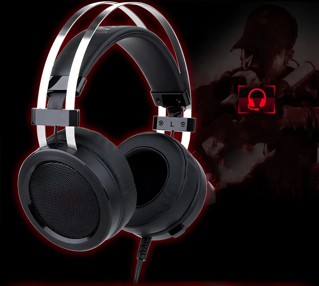 Black wired computer gaming headset with a long cable and a 3.5mm audio jack plug