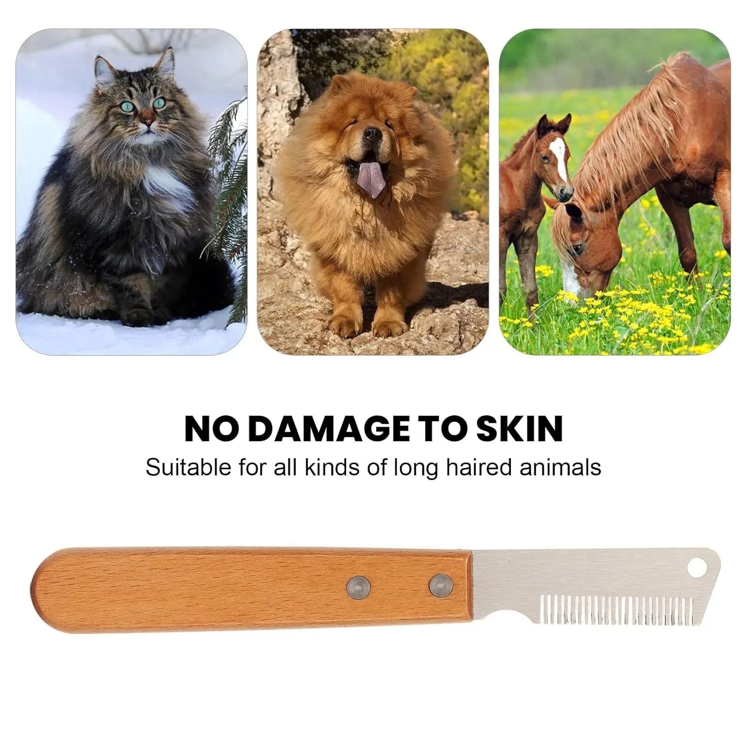 Pet stripping comb grooming tool with wood handle and metal teeth for dogs and cats.
